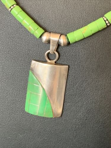 Navajo Green Gaspeite Turquoise Inlay Pendant | Sterling Silver | Authentic Native American Handmade | 12348