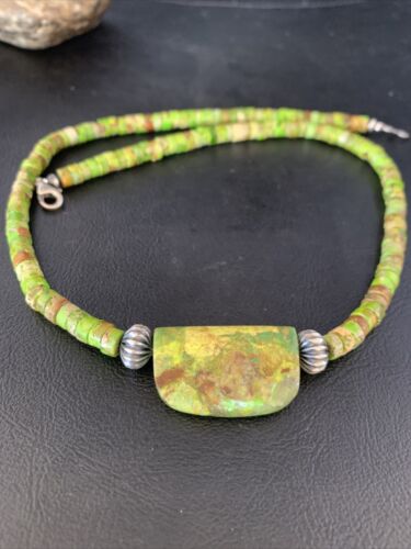 Navajo Green Gaspeite Turquoise Pendant | Sterling Silver | Authentic Native American Handmade | 13916