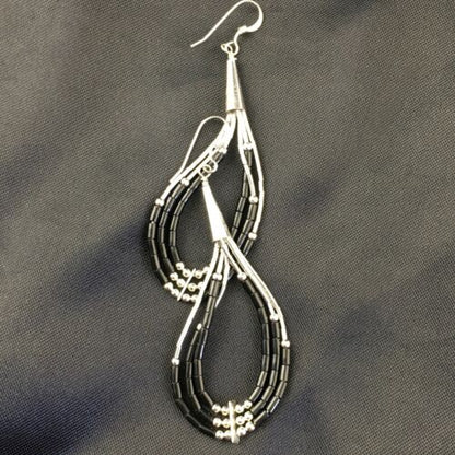 Handmade Liquid Sterling Silver Heishi Dangle Earrings | Black Onyx Tube | 2.25" | 2017