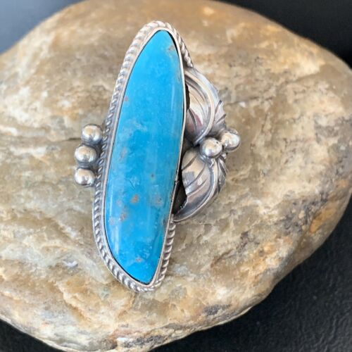Womens Navajo Blue Kingman Turquoise Ring Sterling Silver Feather Sz 9 10852