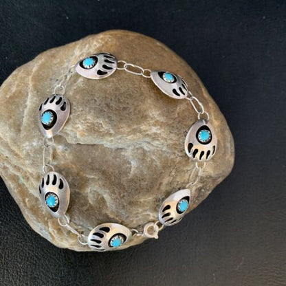 Southwestern Turquoise Bear Paw | Navajo Sterling Silver Link Bracelet | 8693