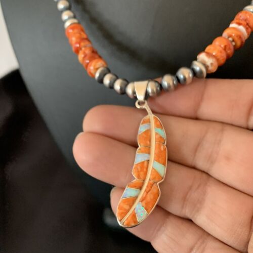 Navajo Pearls Sterling Silver Necklace | Orange Spiny Oyster Inlay Pendant | Authentic Native American Handmade | 11316