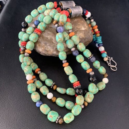 Multi-Color Green Turquoise Spiny Lapis Necklace | 3-Strand Sterling Silver | 13953