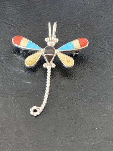 Zuni Turquoise & Yellow Mother of Pearl Inlay Dragonfly Sterling Necklace Pin Pendant | 12320
