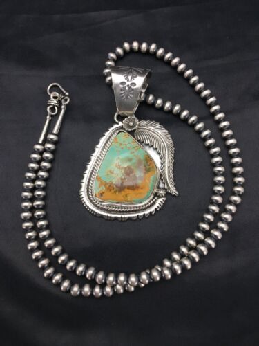 Navajo Pearls Sterling Silver Royston Turquoise Necklace Pendant Set | 2.75" | Authentic Native American Handmade | 2880