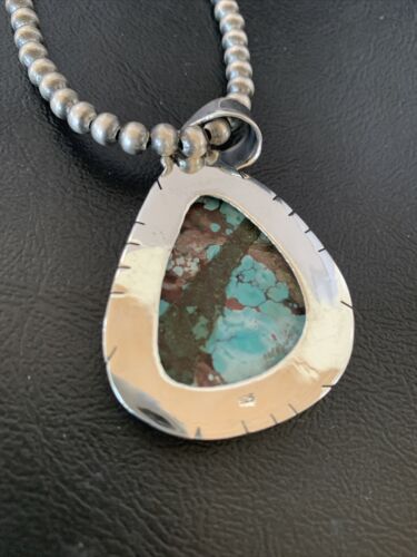 Men's Navajo Pearl Necklace with Blue Spiderweb Turquoise Pendant | Sterling Silver | 10543