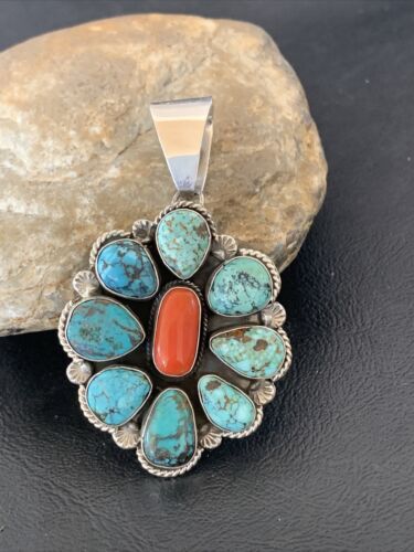 Navajo Cluster Coral Spiderweb Turquoise Pendant | Sterling Silver | Authentic Native American Handmade | 2227