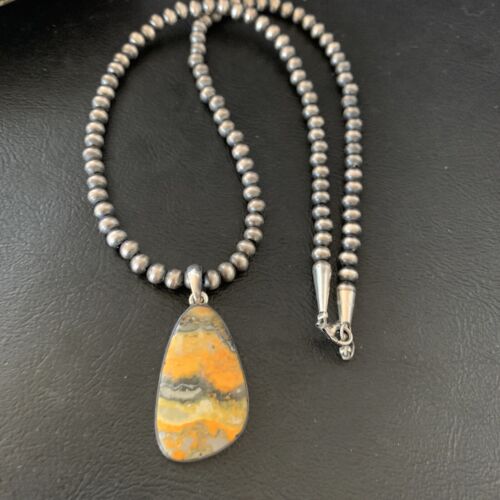 Navajo Yellow Bumblebee Jasper Pendant Necklace | Sterling Silver | Authentic Native American Handmade | 12812