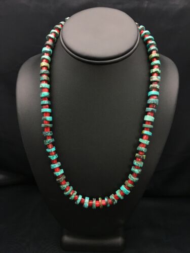 Turquoise Heishi 10mm Bamboo Coral Necklace | Navajo Sterling Silver | Native American Handmade | 20" |