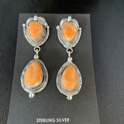 Navajo Orange Spiny Oyster Dangle Earrings | Sterling Silver | Authentic Native American Handmade | 13819