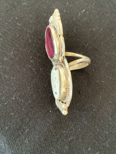 Navajo White Buffalo Turquoise & Spiny Oyster Multi-Stone Ring | Authentic Native American Sterling Silver | Sz 9 | 307