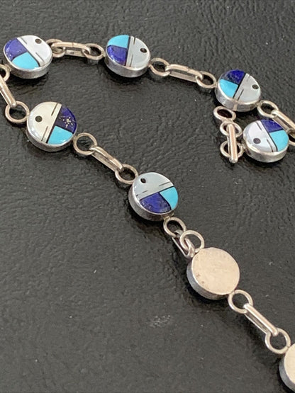 Navajo Blue Turquoise Lapis Inlay Link Bracelet | Sterling Silver | 8" | Authentic Native American Handmade | 1454