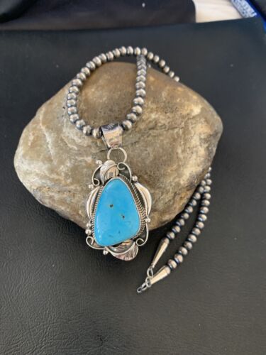 Men's Navajo Pearls Necklace with Blue Kingman Turquoise Pendant | Sterling Silver | Native American Handmade | 12590