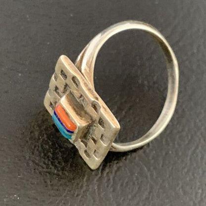 Native American Women's Navajo Green Turquoise Coral Inlay Ring | Sz 7.5 | 13159