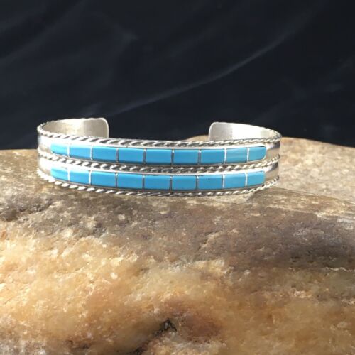 USA Navajo Indian Blue Turquoise Sterling Silver Cuff Inlay Bracelet 1974