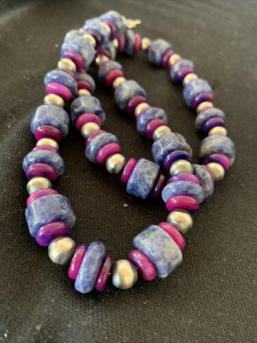 Men's Navajo Pearls Necklace | Denim Lapis Sugilite Beads | Sterling Silver | Authentic Native American Handmade | 20" | 736