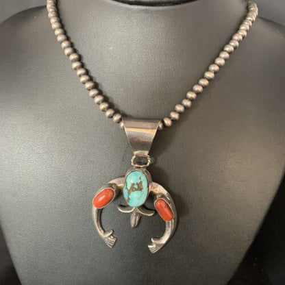 Navajo Pearl Necklace with Royston Turquoise & Coral Naja Pendant | Sterling Silver | 13645