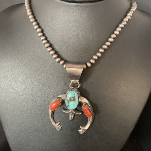 Navajo Pearl Necklace with Royston Turquoise & Coral Naja Pendant | Sterling Silver | 13645