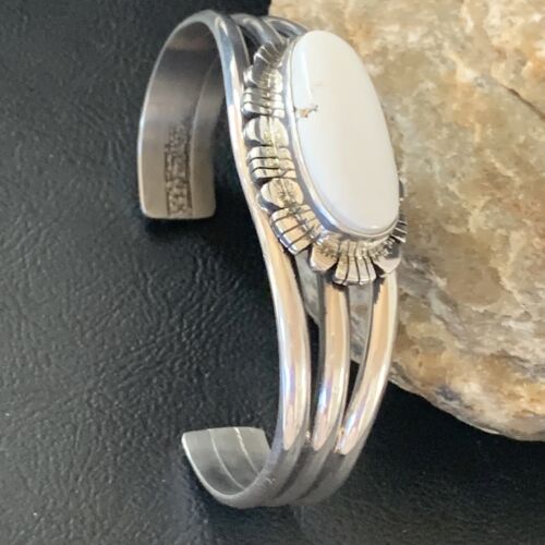 Navajo White Buffalo Turquoise Cuff Bracelet | Sterling Silver | Authentic Native American Handmade | 1422