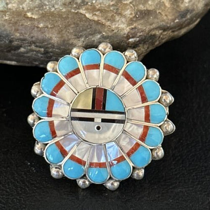 Navajo Zuni Sun Face Ring | Sterling Silver Turquoise Onyx Mother of Pearl Inlay | Sz 8 | 14451