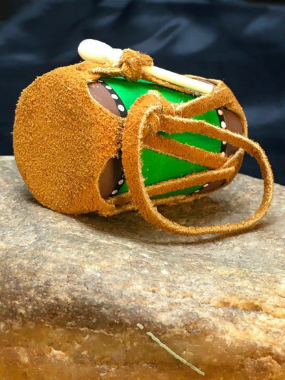 Navajo Leather Drum Car Charm | 2" Mirror Dangler | Handmade Miniature | 8923