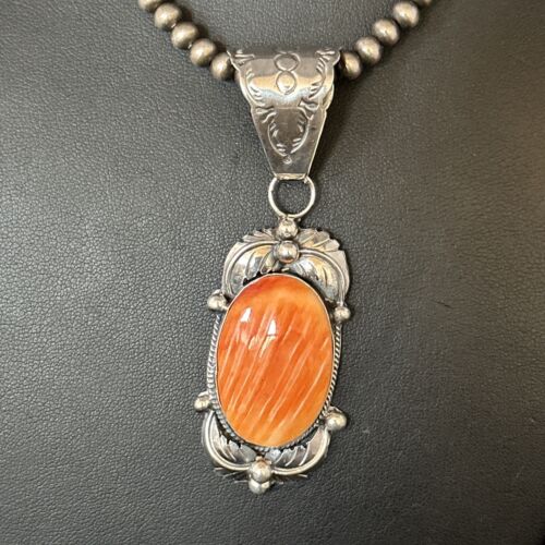 Navajo Orange Spiny Oyster Necklace Pendant | Sterling Silver | Authentic Native American Handmade | 14681