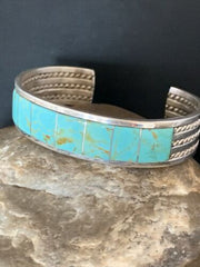 Native American Men's Blue #8 Turquoise Inlay Cuff Bracelet | Sterling Silver | 14138