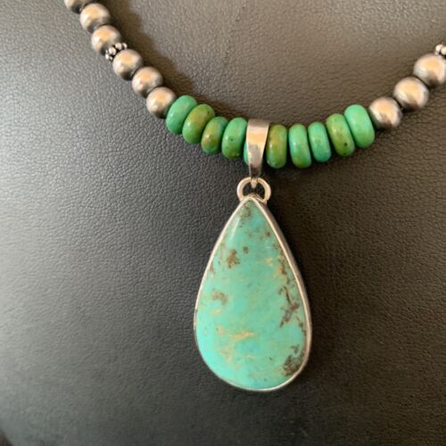 Navajo Pearls Green Turquoise Pendant Necklace | Sterling Silver Beads | Authentic Native American Handmade | 13308
