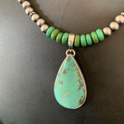 Navajo Pearls Green Turquoise Pendant Necklace | Sterling Silver Beads | Authentic Native American Handmade | 13308