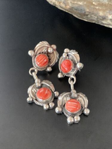 Native American Handmade Navajo Red Spiny Oyster Dangle Earrings | Sterling Silver | 2061