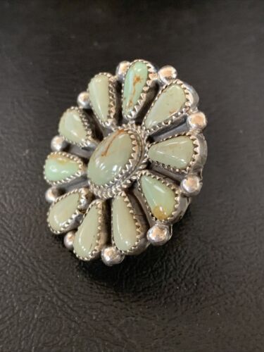 Navajo Green Turquoise Cluster Ring | Authentic Native American Sterling Silver | Multi-Stone | Sz 7.5 | 12191