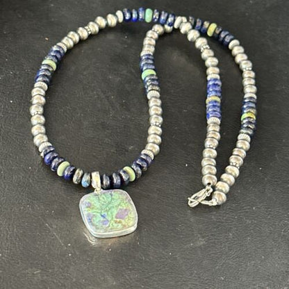 Navajo Green Turquoise Lapis Necklace with Opal Pendant | Sterling Silver | Authentic Native American Handmade | 14368