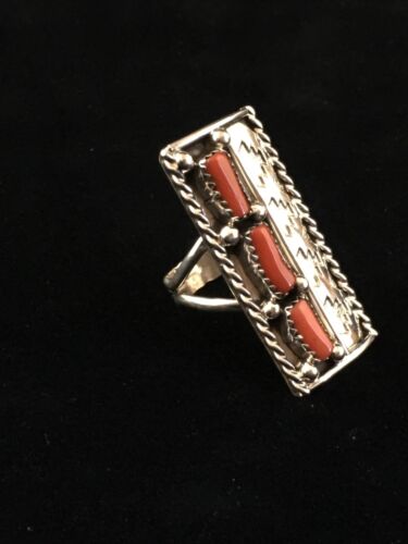 Navajo Red Coral Multi-Stone Ring | Authentic Native American Sterling Silver | Multi-Stone | Sz 7.5 | 10094