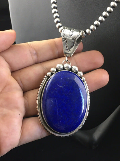 Men's XL Navajo Pearls Necklace Pendant | Sterling Silver Blue Lapis | Authentic Native American Handmade | 10116