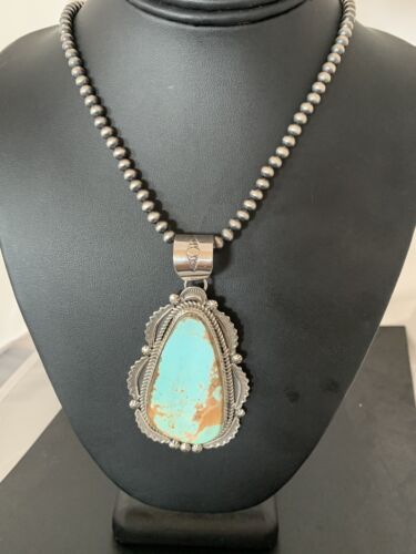 Men's Navajo Pearls Necklace with Blue Royston Turquoise Pendant | Sterling Silver | Native American | 335