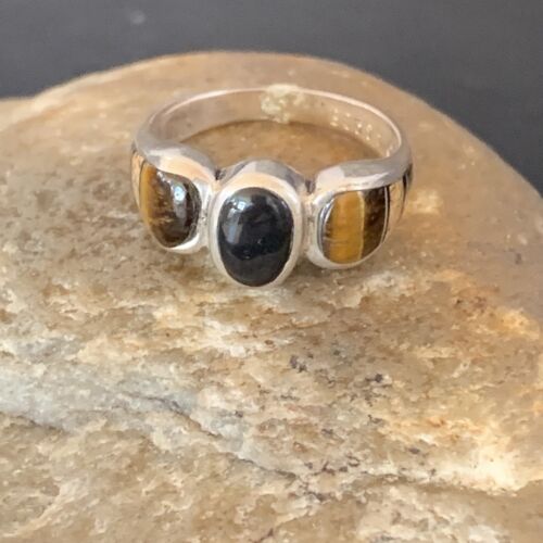 Navajo Black Onyx Coffee Tigers Eye Inlay Ring | Sterling Silver | Sz 8 | Authentic Native American Handmade | 10732