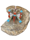 Zuni Turquoise Coral Mother of Pearl Butterfly Necklace Pin Pendant | Sterling Silver Inlay | 1368