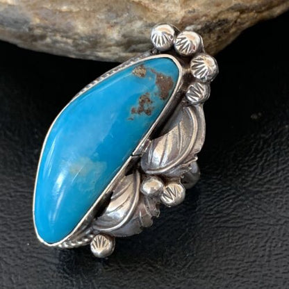 Navajo Blue Kingman Turquoise Ring | Sterling Silver Feather | Sz 9.5 | 10854