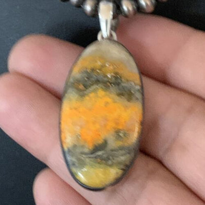 Navajo Yellow Bumblebee Jasper Pendant Necklace | Sterling Silver | Authentic Native American Handmade | 12809