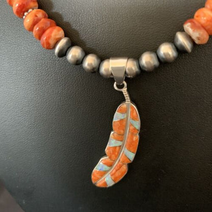 Navajo Pearls Sterling Silver Necklace | Orange Spiny Oyster Inlay Pendant | Authentic Native American Handmade | 11317