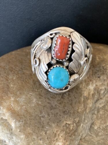 Navajo Blue Kingman Turquoise & Coral Feather Ring | Authentic Native American Sterling Silver | Multi-Stone | Sz 12 | 12217 - Masha USA