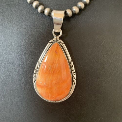 Navajo Men's Orange Spiny Oyster Pendant Necklace | Sterling Silver | Authentic Native American Handmade | 01760
