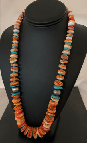 Navajo Pearls, Orange Spiny Oyster & Turquoise Necklace | Sterling Silver | Authentic Native American | 24"