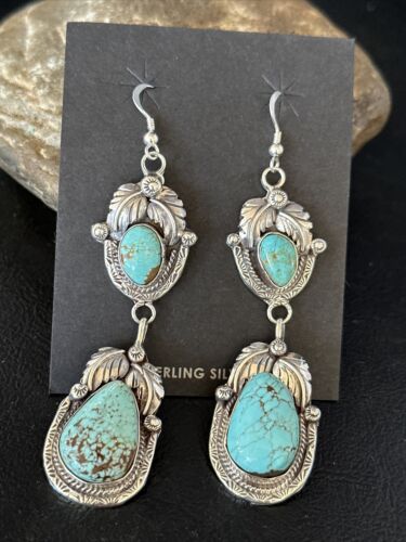 Navajo Blue #8 Turquoise Dangle Earrings | Sterling Silver | Authentic Native American Handmade | 14345