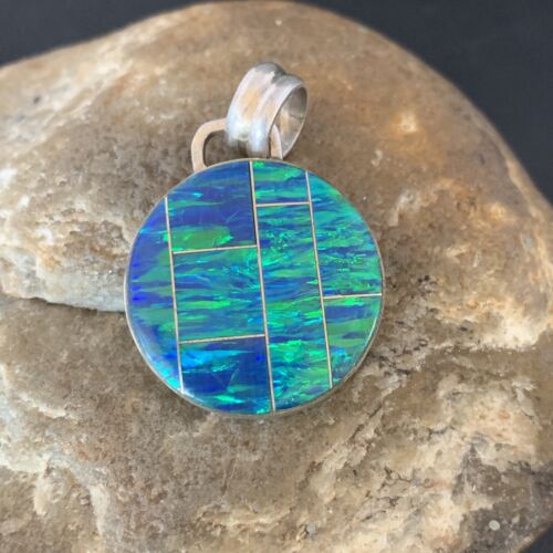 Authentic Native American Navajo Sterling Silver Blue Fire Opal Inlay Pendant | Handmade Jewelry | 13143