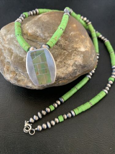 Navajo Green Gaspeite Turquoise Pendant | Sterling Silver | Authentic Native American Handmade | 12345