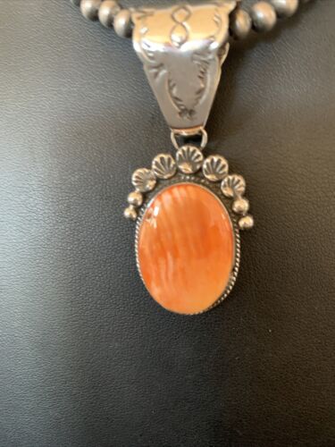 Navajo Orange Spiny Oyster Pendant Necklace | Sterling Silver | Authentic Native American Handmade | 13083