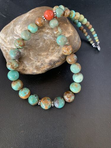 Navajo Green Turquoise & Apple Coral Graduated Necklace | Sterling Silver | Authentic Native American | 18" | 13206