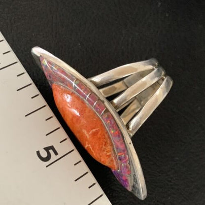 Navajo Red Spiny Oyster Opal Inlay Ring | Sterling Silver | Sz 10 | Authentic Native American Handmade | 12845