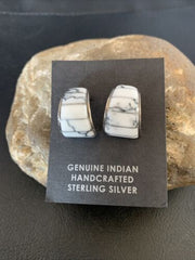 Navajo White Buffalo Turquoise Inlay Earrings | Sterling Silver | 0.5" | Authentic Native American Handmade | 12996